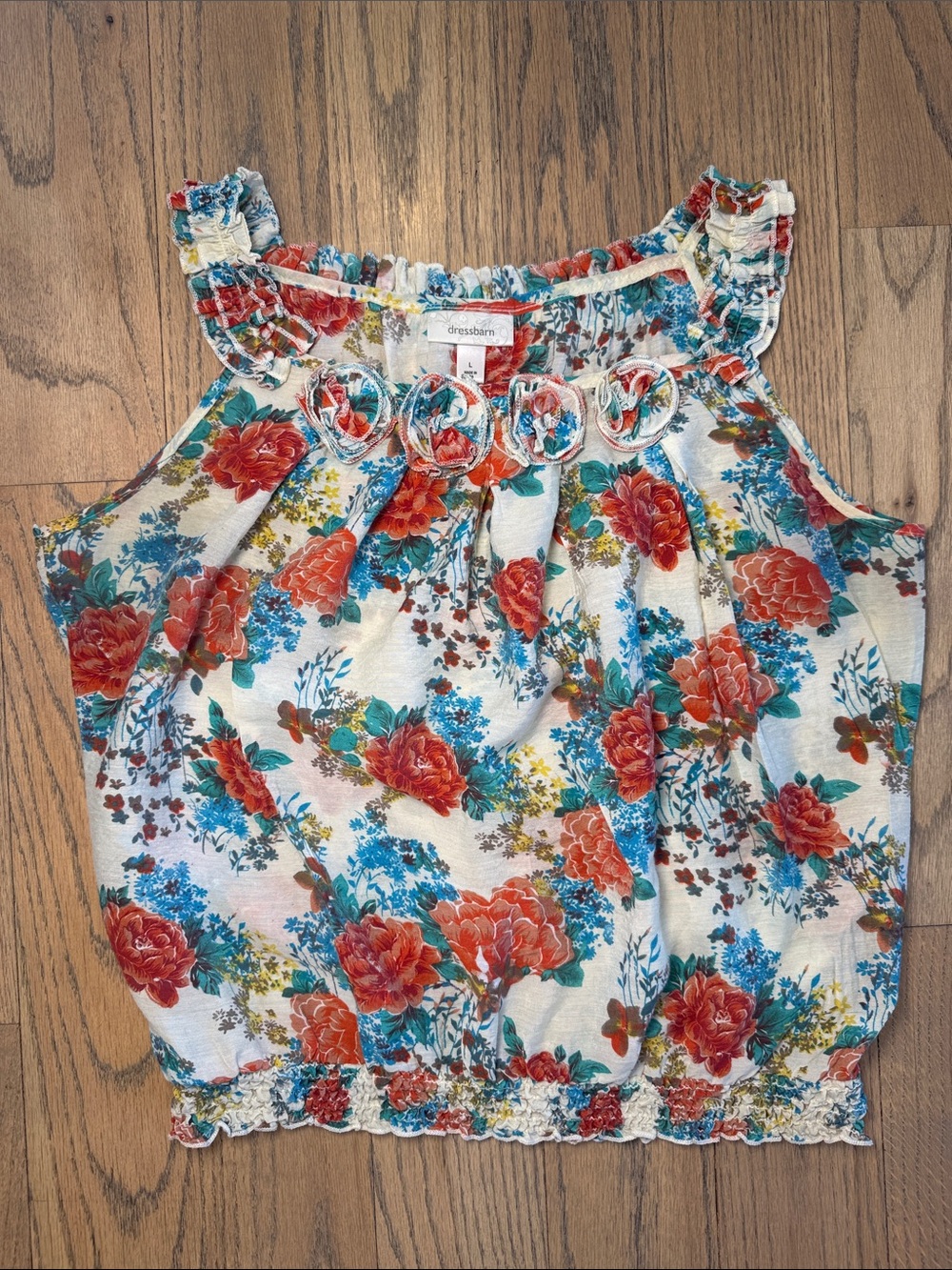 Dressbarn Women’s Cream Floral Ruffle Camisole with Coral & Teal Accents Size L